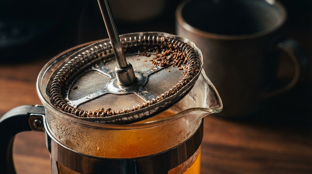 Close-up of French press plunger and stainless mesh filter