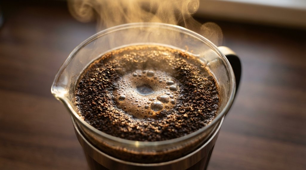 French press coffee bloom with CO2 bubbles rising through grounds