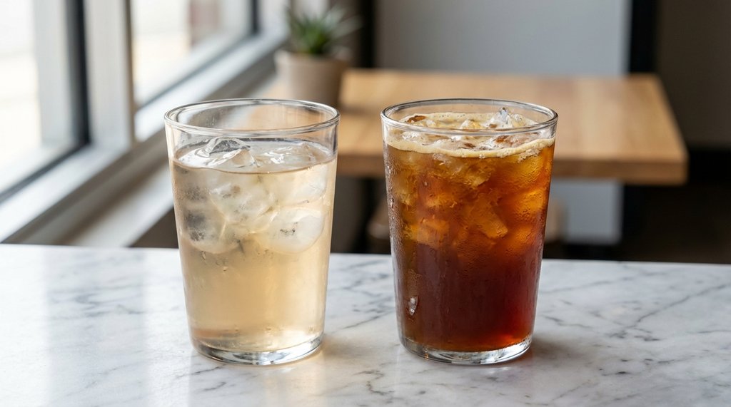 Sad watery iced coffee next to a quality barista-style iced coffee
