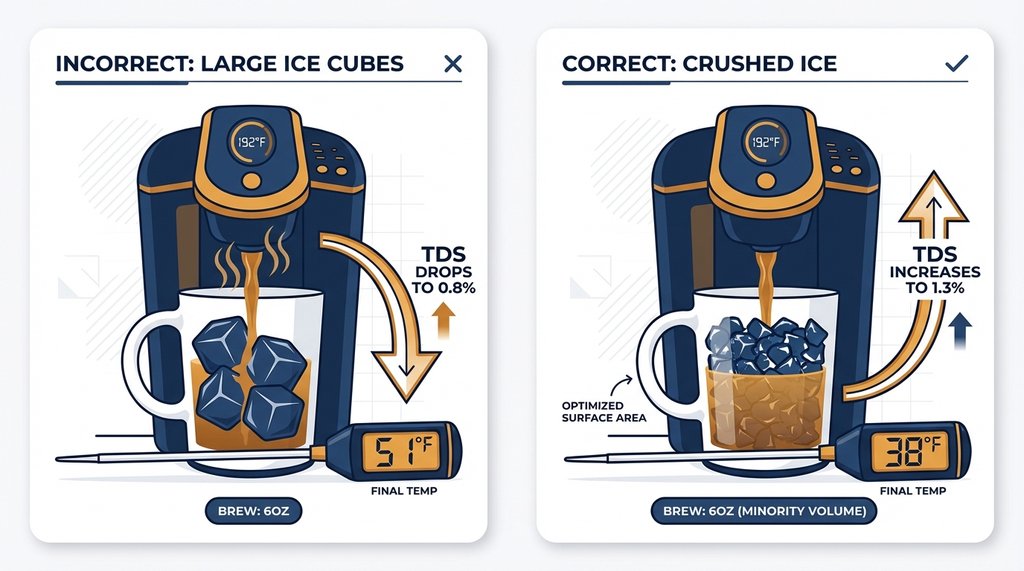 Infographic showing ice melt dilution and TDS drop during standard Keurig iced coffee brewing