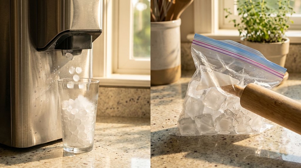 Countertop nugget ice maker producing small pellet ice next to a rolling pin crushing cubes in a zip-lock bag