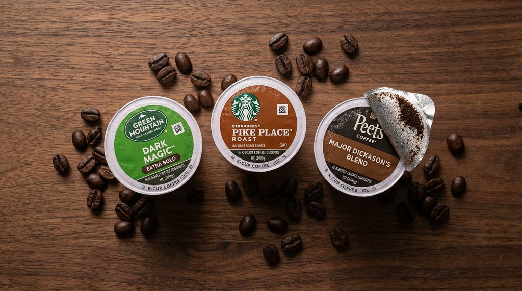 Dark roast K-Cup pods arranged on a wooden surface with coffee beans