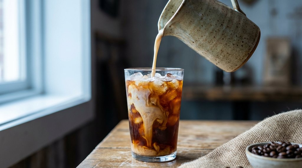 A slow pour of cold oat milk into a chilled glass of iced coffee