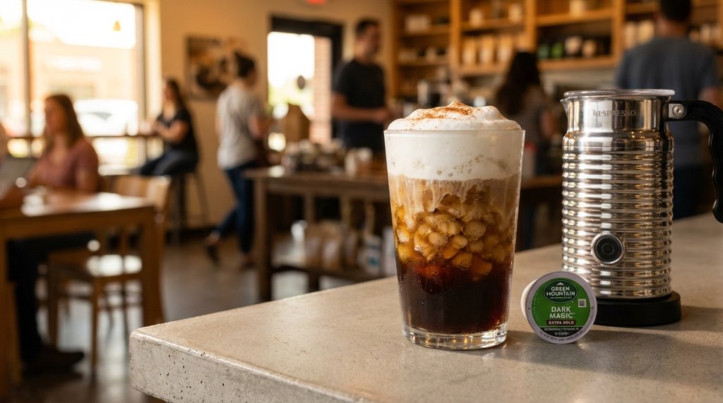 Finished barista-style Keurig iced latte with cold foam on a café counter