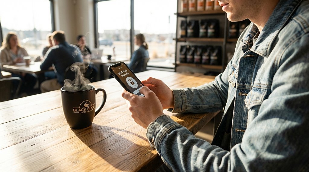 Person reviewing Black Rock Coffee loyalty app at a café table