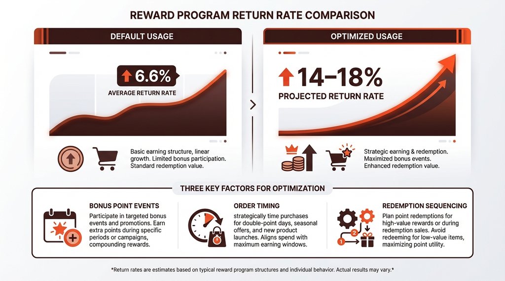 Infographic comparing default vs optimized Black Rock Coffee rewards return rates