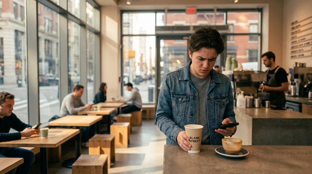 Customer waiting at coffee shop pickup counter