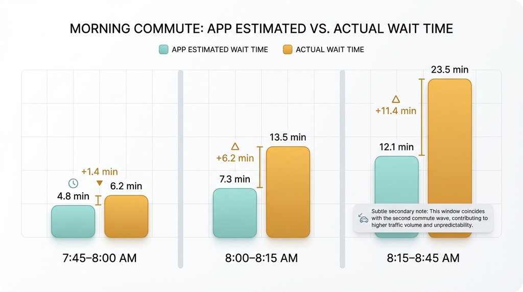 Infographic showing app estimate vs actual wait time during morning rush