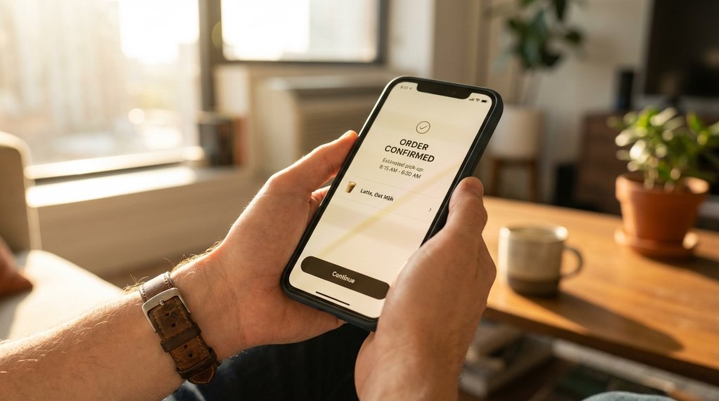 Person using coffee mobile ordering app on smartphone in morning light