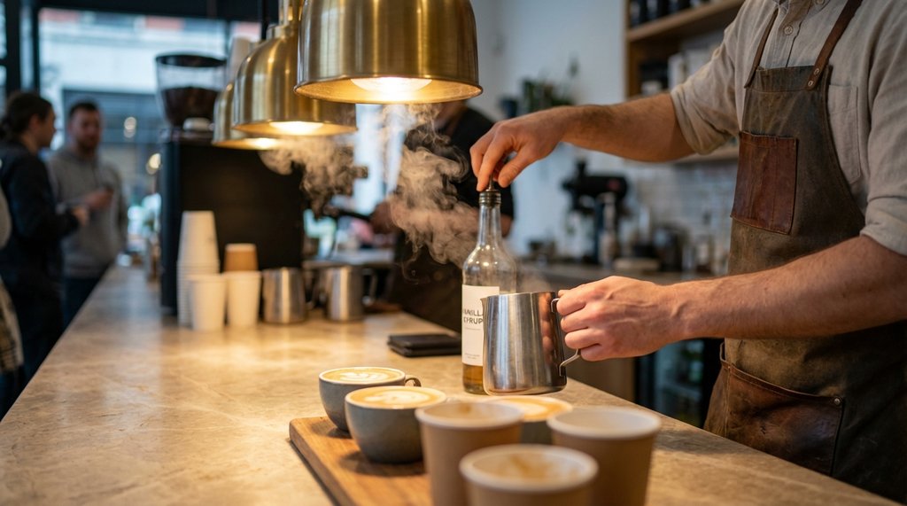 Barista building a complex espresso drink during morning rush