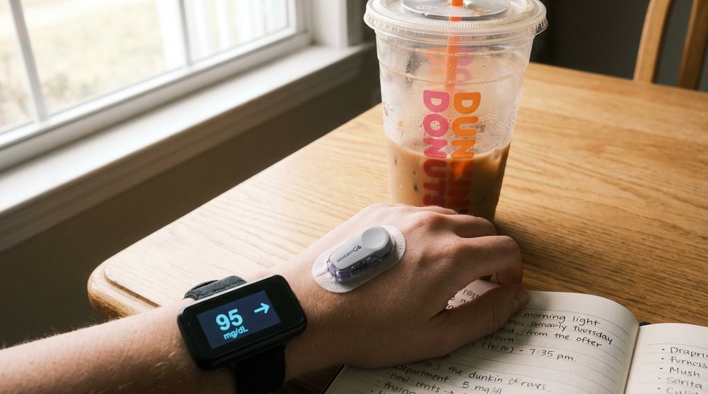 Person checking CGM while holding Dunkin' coffee