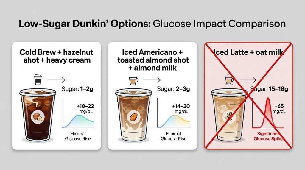 Side-by-side comparison of low-sugar Dunkin' drink options with glucose impact data
