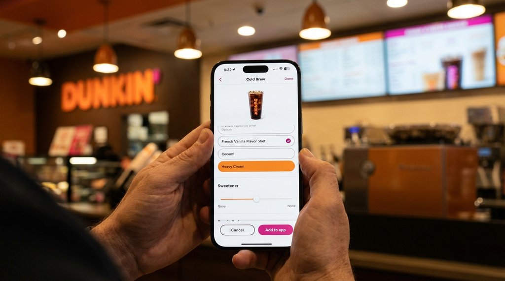 Hands using the Dunkin' app to customize a low-sugar coffee order