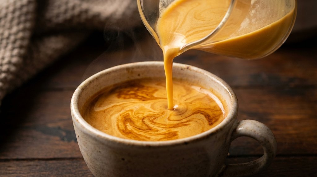 Close-up of Moon Milk being poured into a latte
