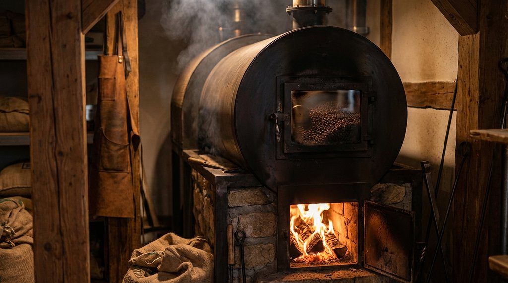 Wood-fired coffee roasting process at Summer Moon