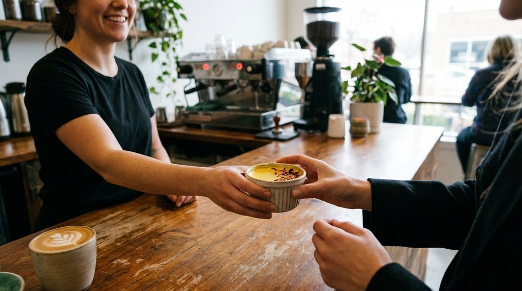 Barista handing a customer Moon Milk on the side