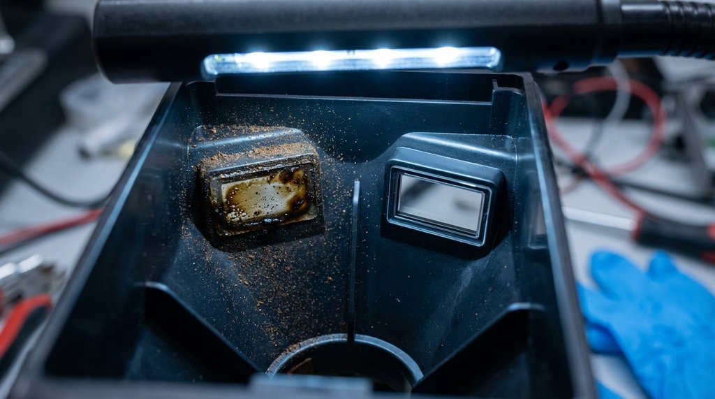 Close-up of a bean presence sensor inside a coffee machine hopper throat