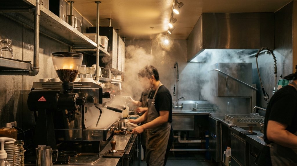 Commercial coffee bar with high-humidity environment near steam wands and dishwasher