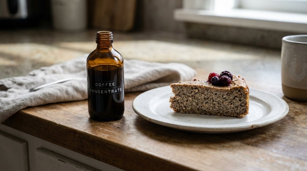 Javy Protein Coffee Concentrate bottle beside a failed grainy protein cheesecake