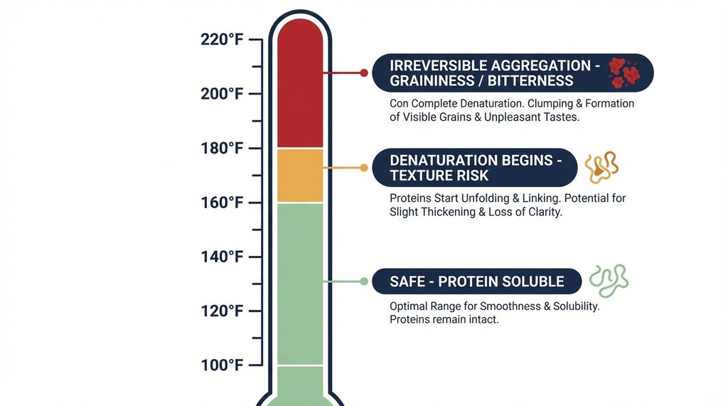 Infographic showing whey protein denaturation temperature thresholds and texture effects
