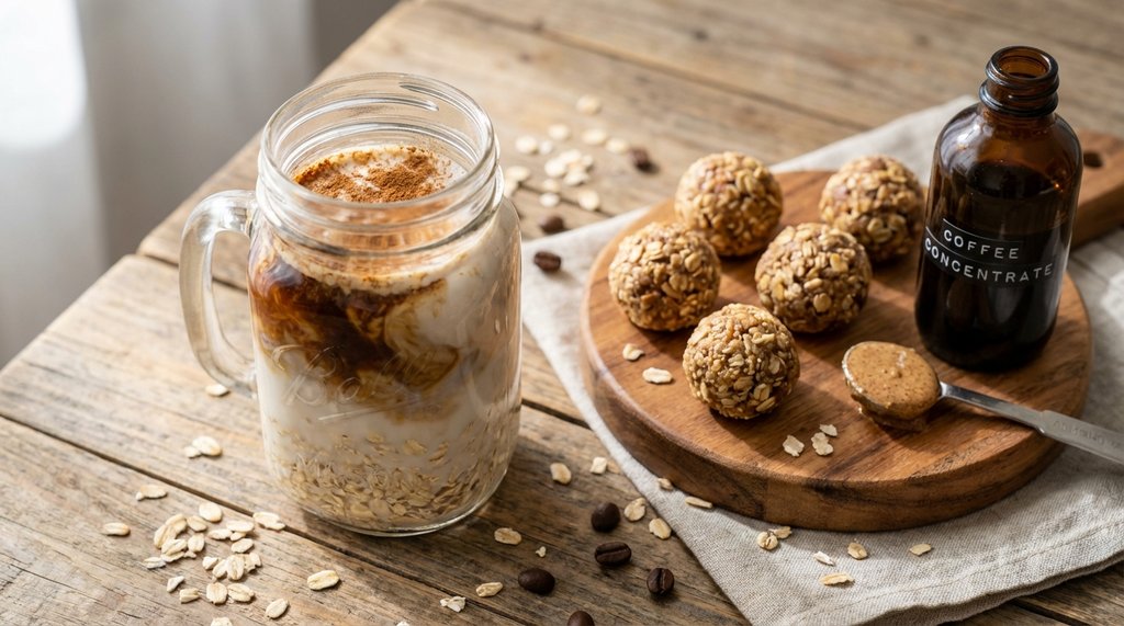 Overhead flat lay of coffee overnight oats in a glass jar with protein balls on a wooden board