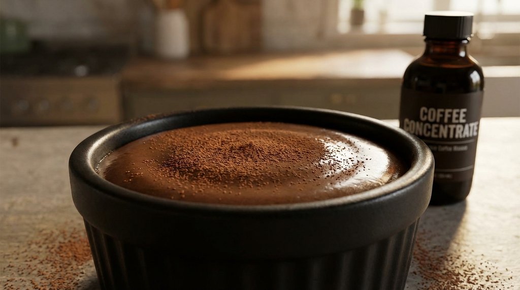 Protein coffee mousse in a dark ceramic ramekin with smooth glossy texture