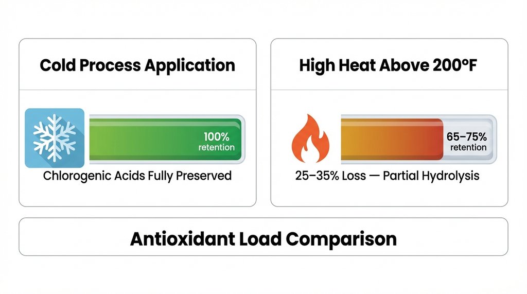 Infographic comparing chlorogenic acid retention in cold process versus high heat coffee application