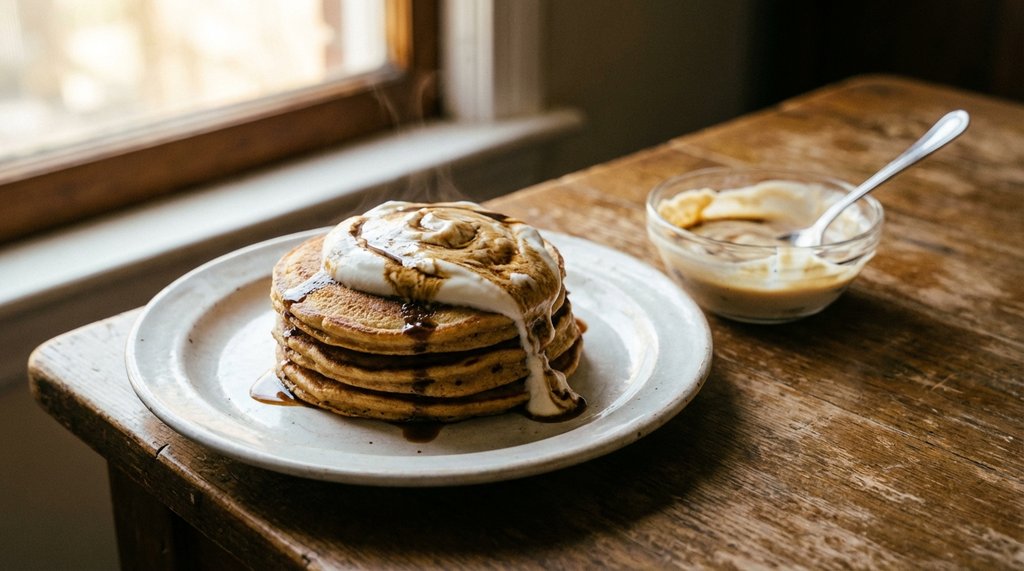High-protein pancakes topped with coffee concentrate Greek yogurt spread on a plate