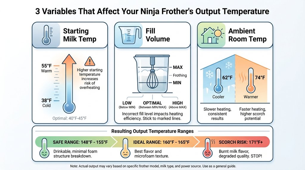 Infographic showing three variables affecting Ninja frother milk temperature