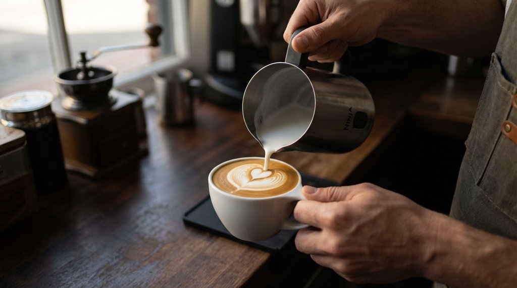 Hands pouring micro-foam latte art from Ninja frother carafe