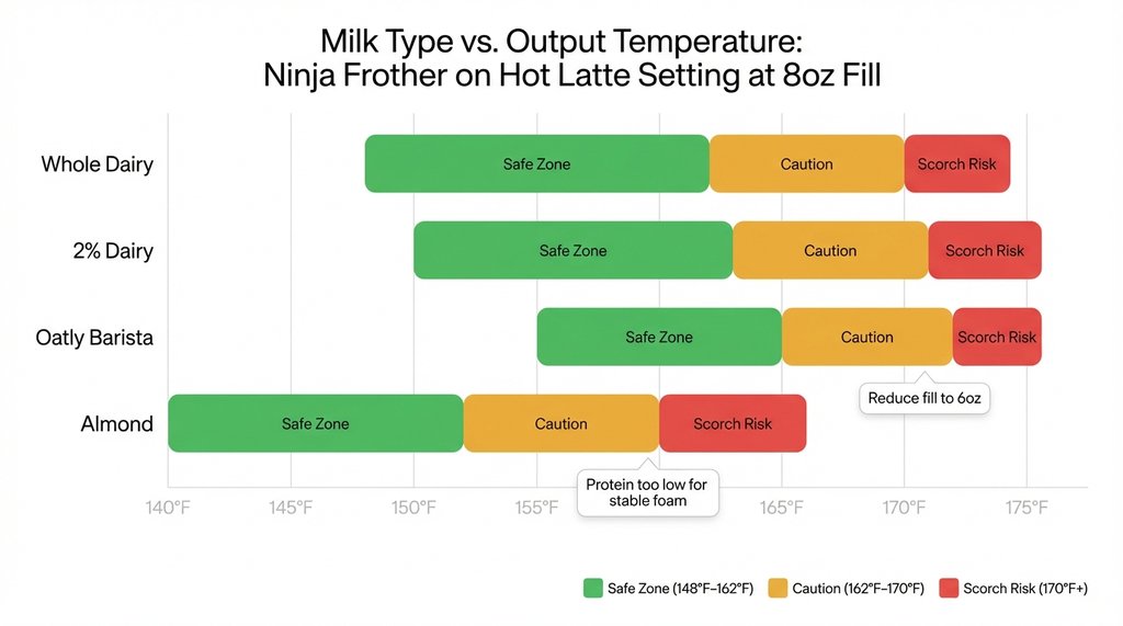 Infographic comparing dairy and oat milk frothing temperature behavior in Ninja frother