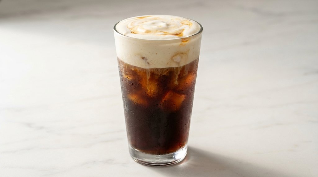 Iced coffee drink with dense cold foam topping made in Ninja frother