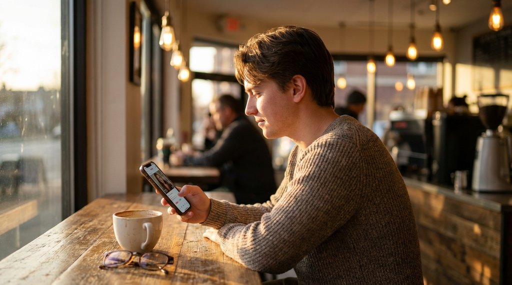 Person browsing a dating app on their phone at a coffee shop