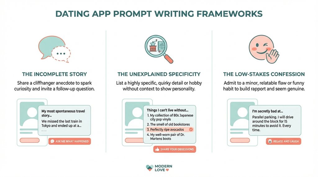 Infographic showing three dating app prompt writing structures