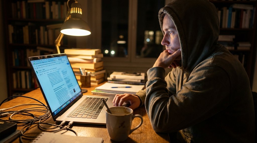 Person deep in a late-night research rabbit hole on their laptop