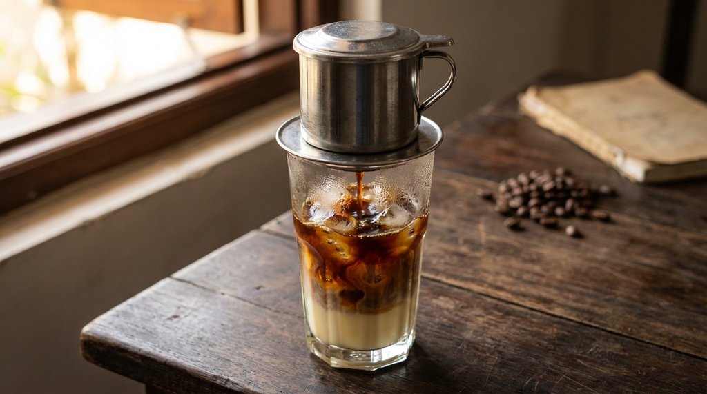 Vietnamese iced coffee being prepared with a Phin filter