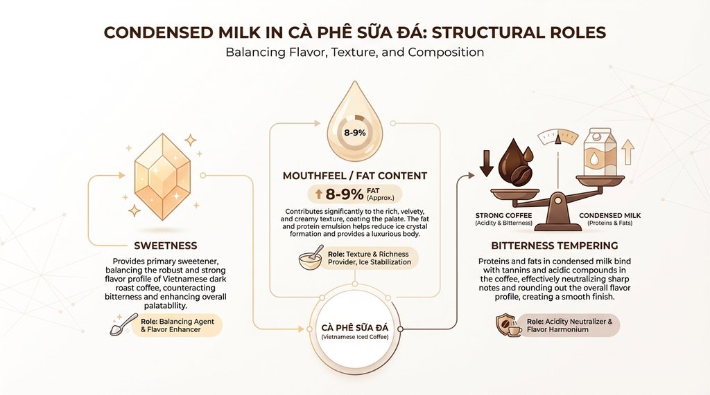 Infographic showing the three functional roles of condensed milk in Vietnamese iced coffee