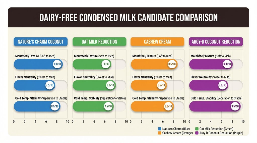 Side-by-side comparison infographic of four dairy-free condensed milk substitutes scored on three metrics