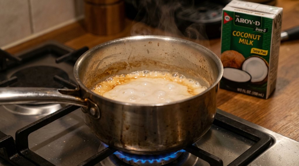 Aroy-D coconut milk being reduced in a saucepan on a stovetop