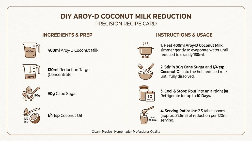 Recipe card infographic for DIY high-fat coconut condensed milk reduction