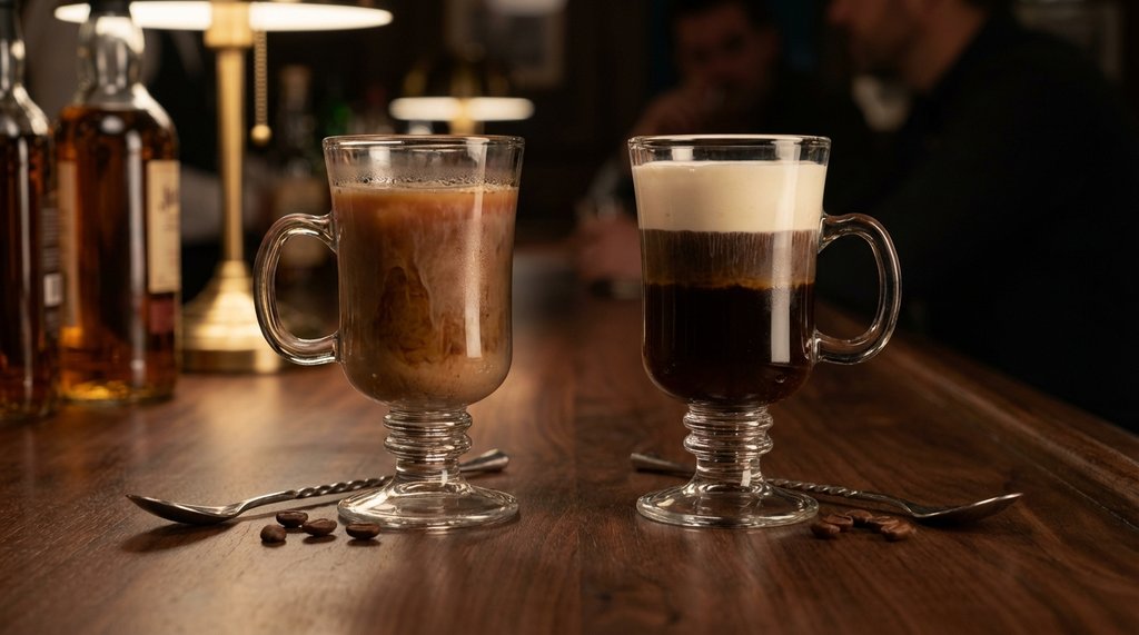 Irish Coffee with sunken cream vs. perfect float side by side