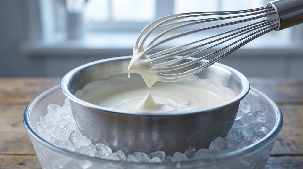 Close-up of cream at perfect soft whip consistency being lifted by a whisk