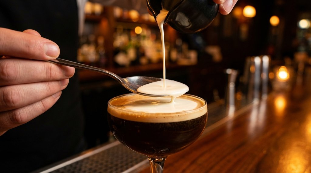 Close-up of spoon technique being used to float cream onto Irish Coffee