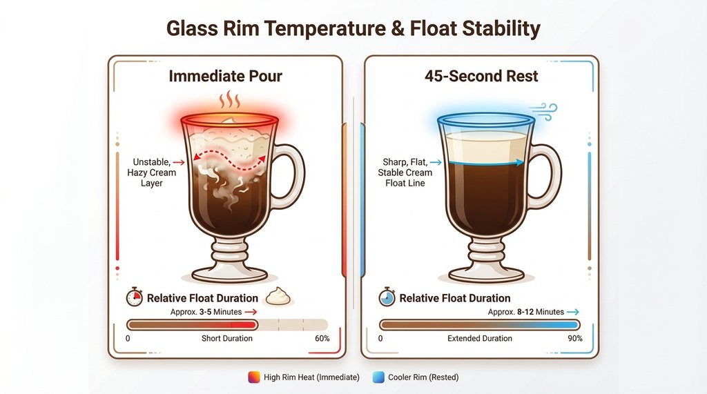 Infographic comparing immediate pour vs 45-second wait glass temperature method