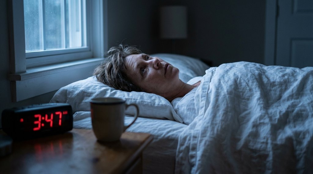 Middle-aged person awake at night with coffee on nightstand