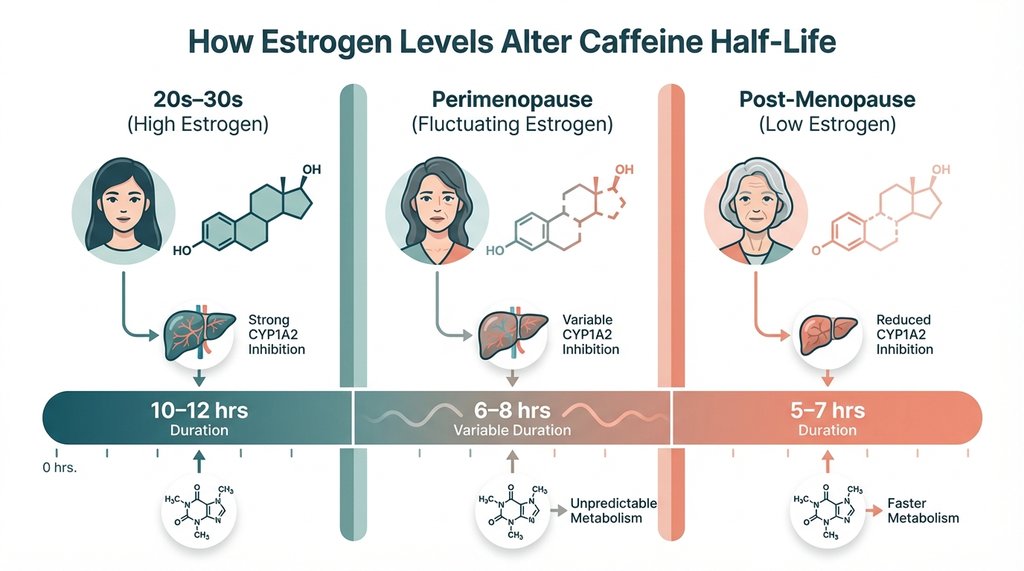 Infographic showing estrogen's effect on caffeine half-life across age groups