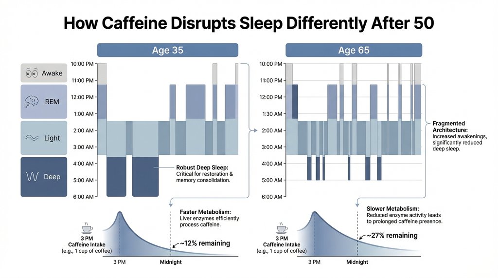 Infographic comparing sleep architecture and caffeine half-life at age 35 vs age 65