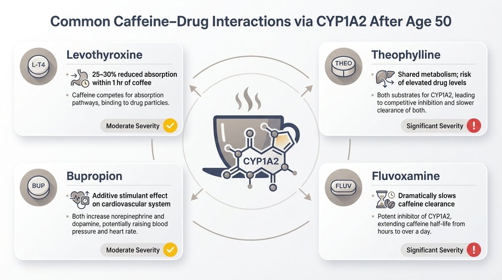 Infographic of common drug-caffeine CYP1A2 interactions for adults over 50