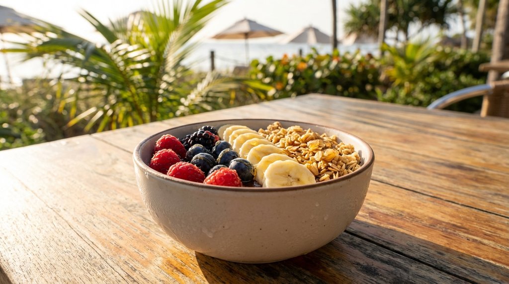 Acai Bowl on Outdoor Table in Waikiki Heat