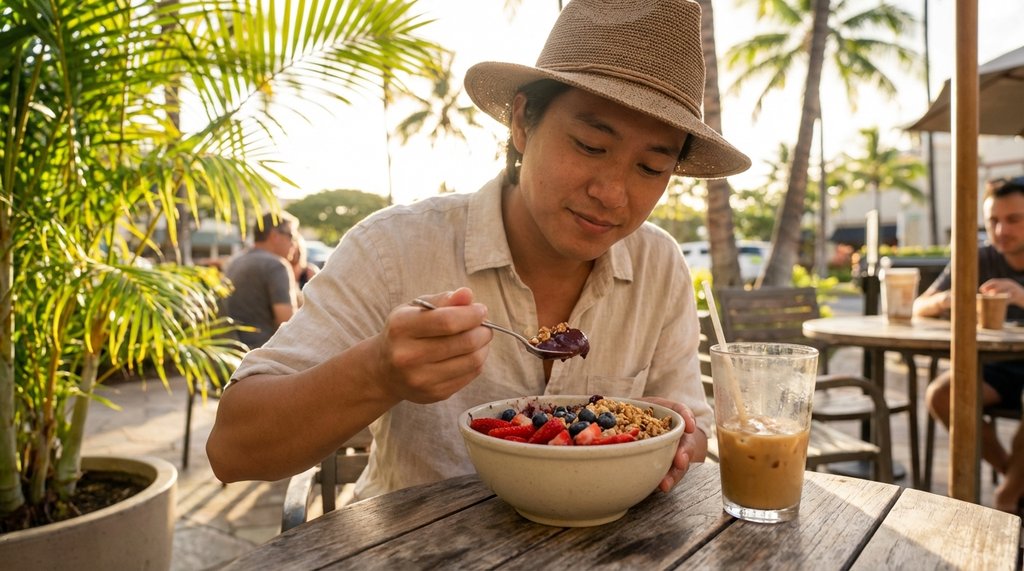 Person Eating Acai Bowl at Outdoor Café Table in Hawaii